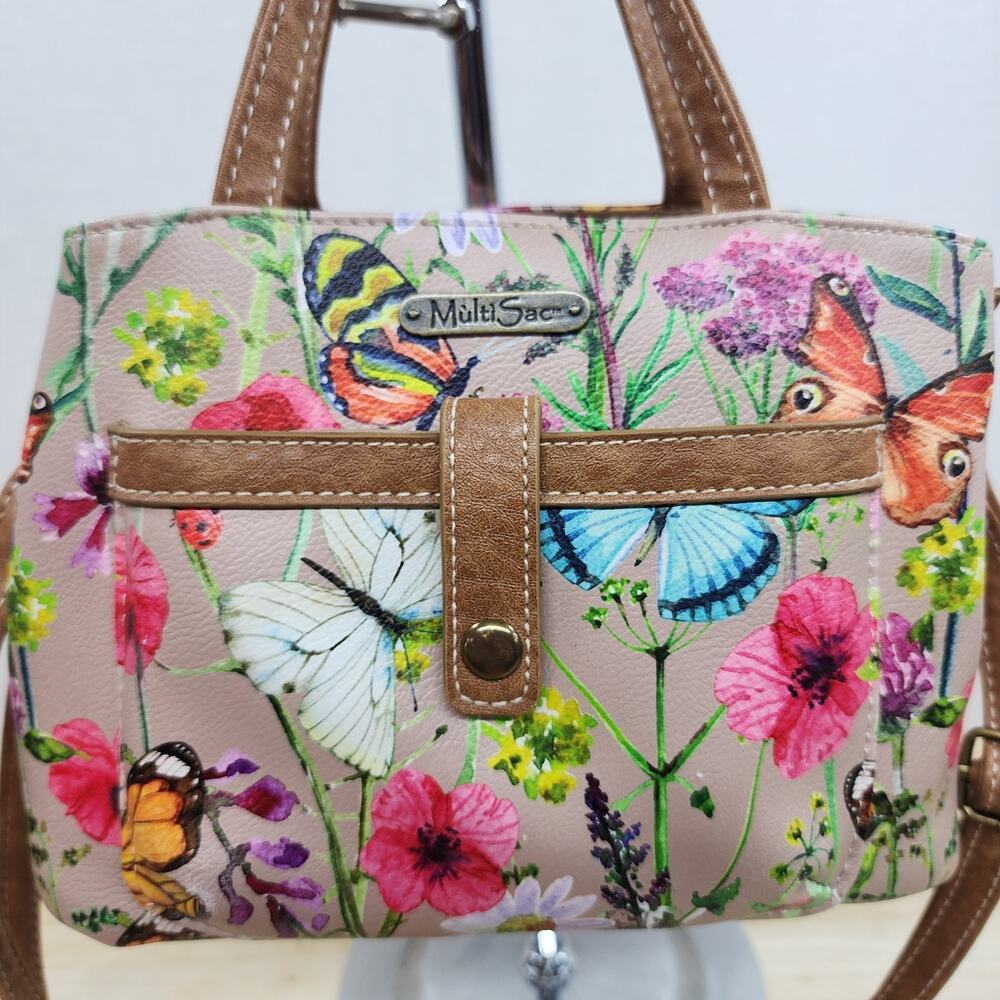 MultiSac Butterfly Floral Crossbody Bag Multi Compartment Purse Tan Garden 6x8